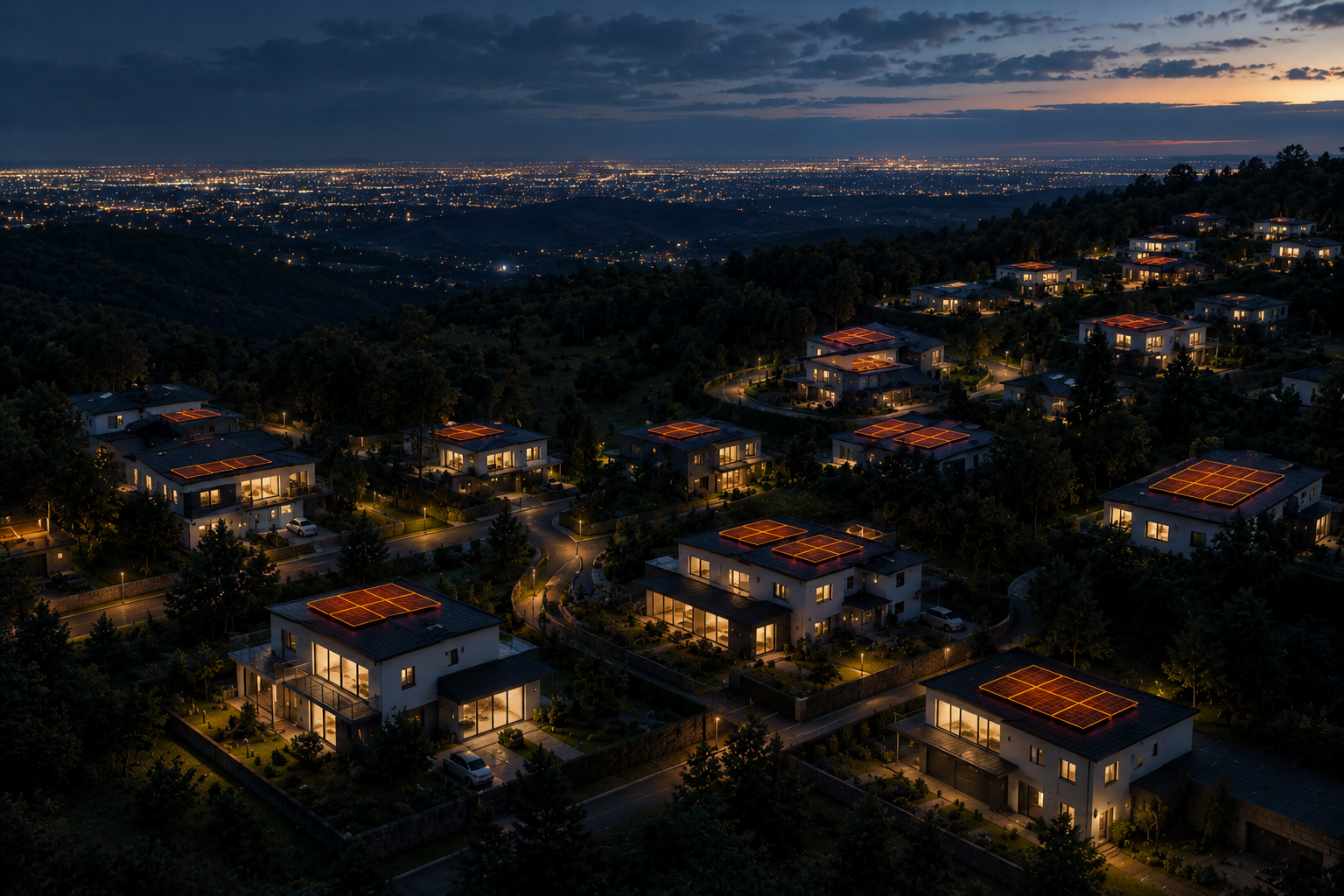 Aerial night view of a modern residential neighbourhood with solar panels on every rooftop